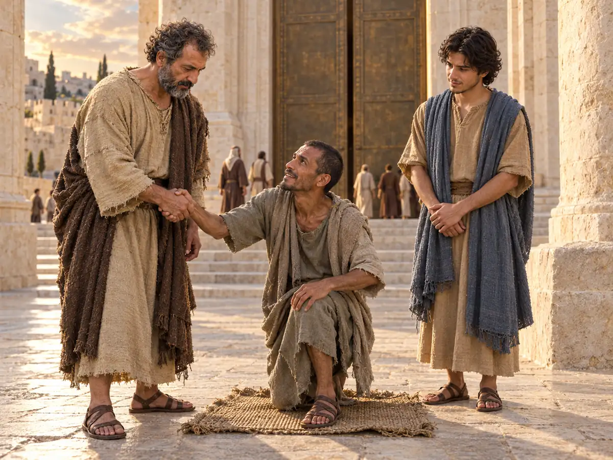 Pedro y Juan sanan a un hombre en la puerta del Templo: recreación artística